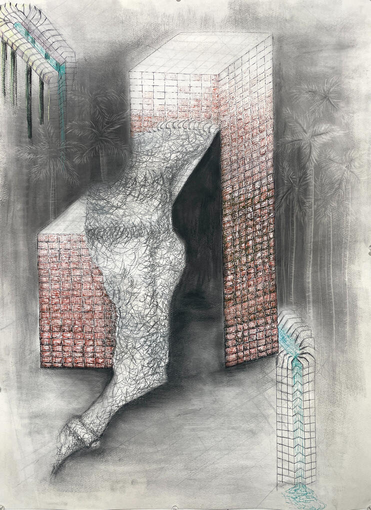 ¿Dónde está mi hogar? (2025) 22x30, Charcoal and Micron Pen and Neon Pastel and Gel Pen and Graphite on Paper