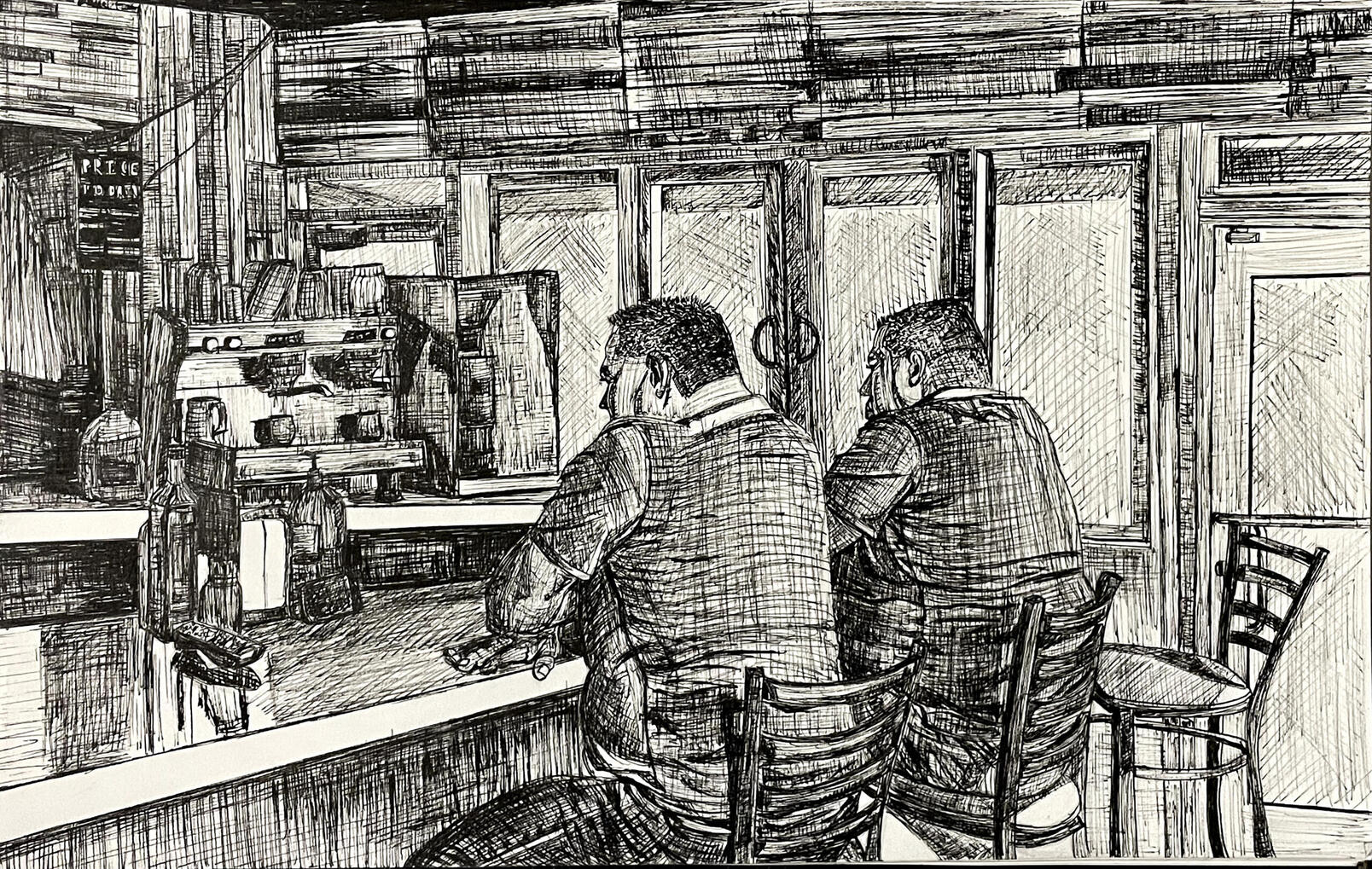 Coffee Break (2022), 7 1/2" x 12", Ink Pen