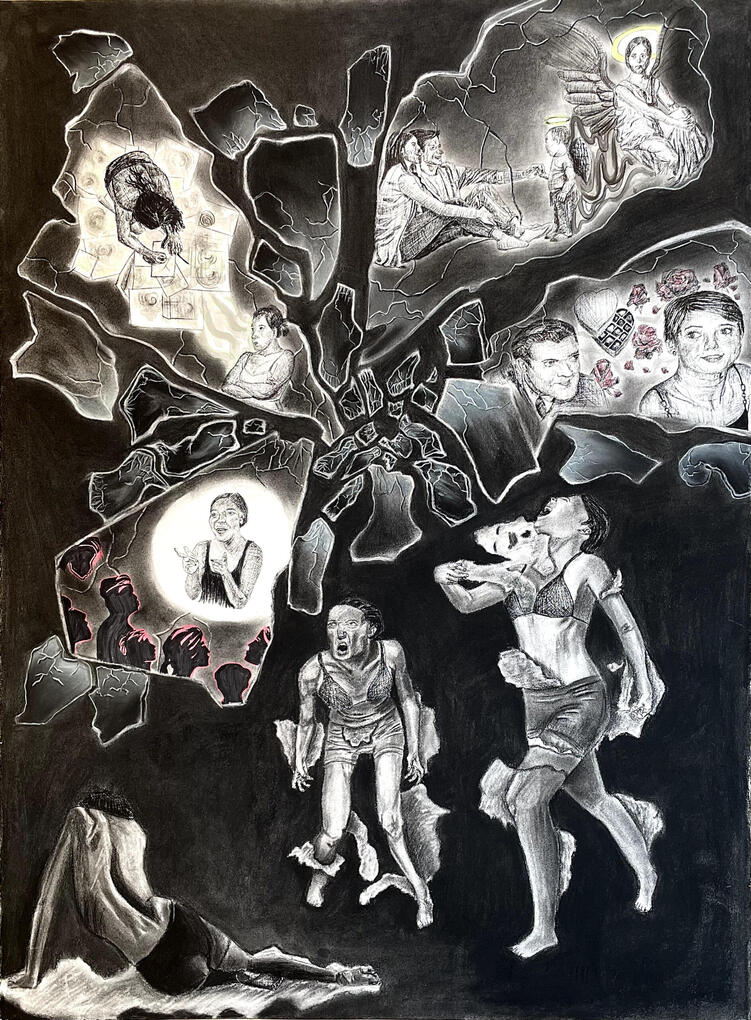 Breakdown of Perspectives, (2023), Charcoal and Micron Pen and Moonlight Pens on Paper