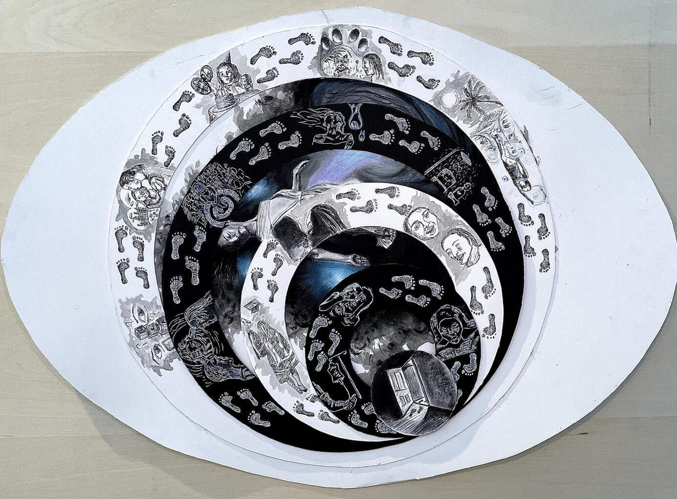 Eye Remember, (2023), Micron/White Gel Pen and India Ink and Charcoal on Vellum Paper