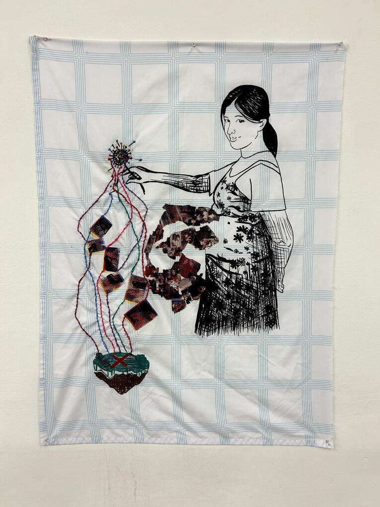 Threaded to My Mother (2023), Screen Printing, Embroidery Thread, on Cotton Fabric, 36 1/2 in x 27 in